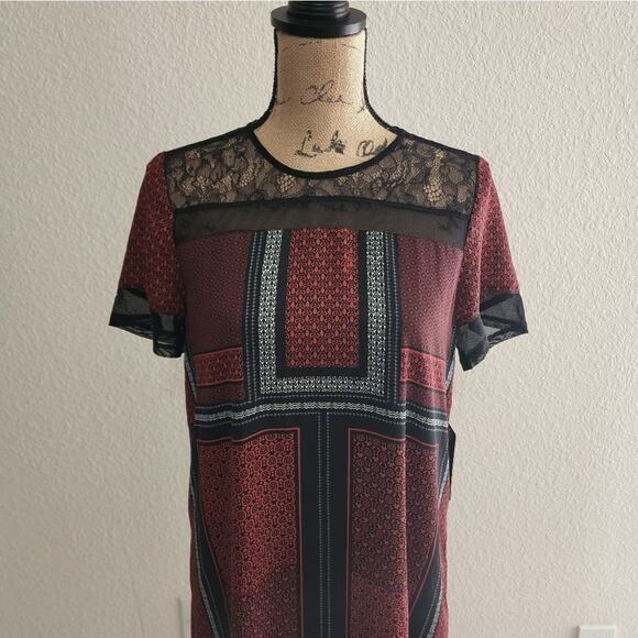 Express multi‎ pattern RED AND BLACK lace yoke trim Sheath dress size XS NEw! - Picture 5 of 11